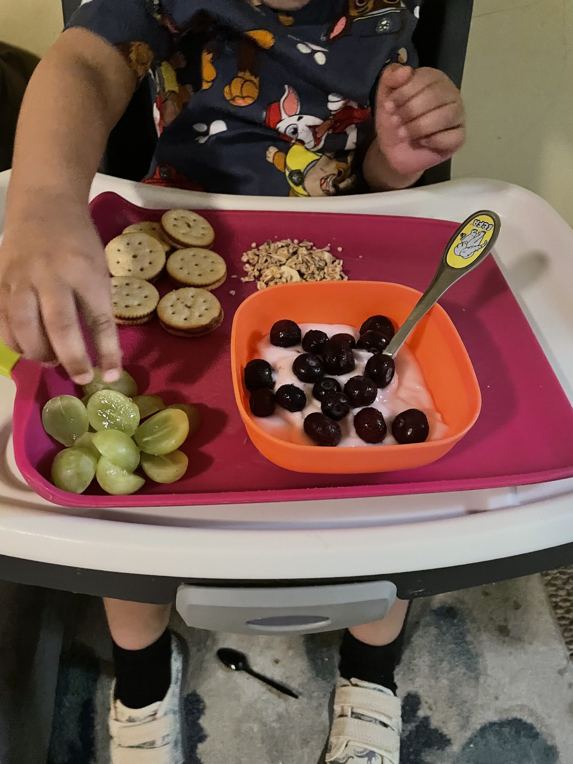 Toddler sitting in a highchair reaching for a grape with a snack plate including yogurt, blueberries, granola, and peanut butter crackers during picky eating journey.
